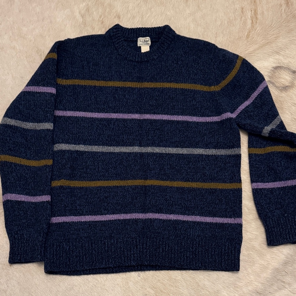L.L. Bean Men's Ragg Wool Crewneck Sweater - Navy, Gray, Purple, and Brown